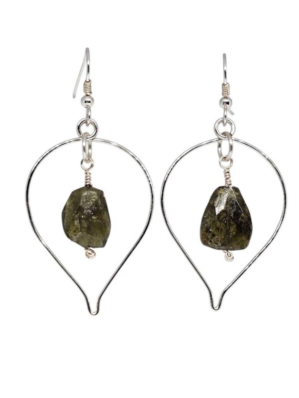 Handmade Green Garnet Gemstone Beads Silver-Tone Teardrop Hoop Dangle Boho Earri